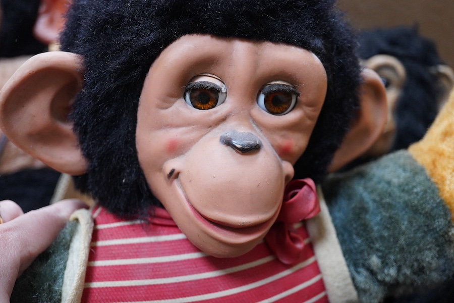 A Farnell’s Alpha Toys monkey, seven other soft toy monkeys and a soft toy rabbit, Farnell 36cm. Condition varies